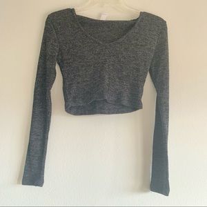 Revamped heather gray ribbed cropped hoodie v neck